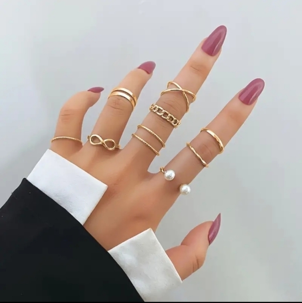 Golden Geometric Cross Pearl Ring 9 Piece Set